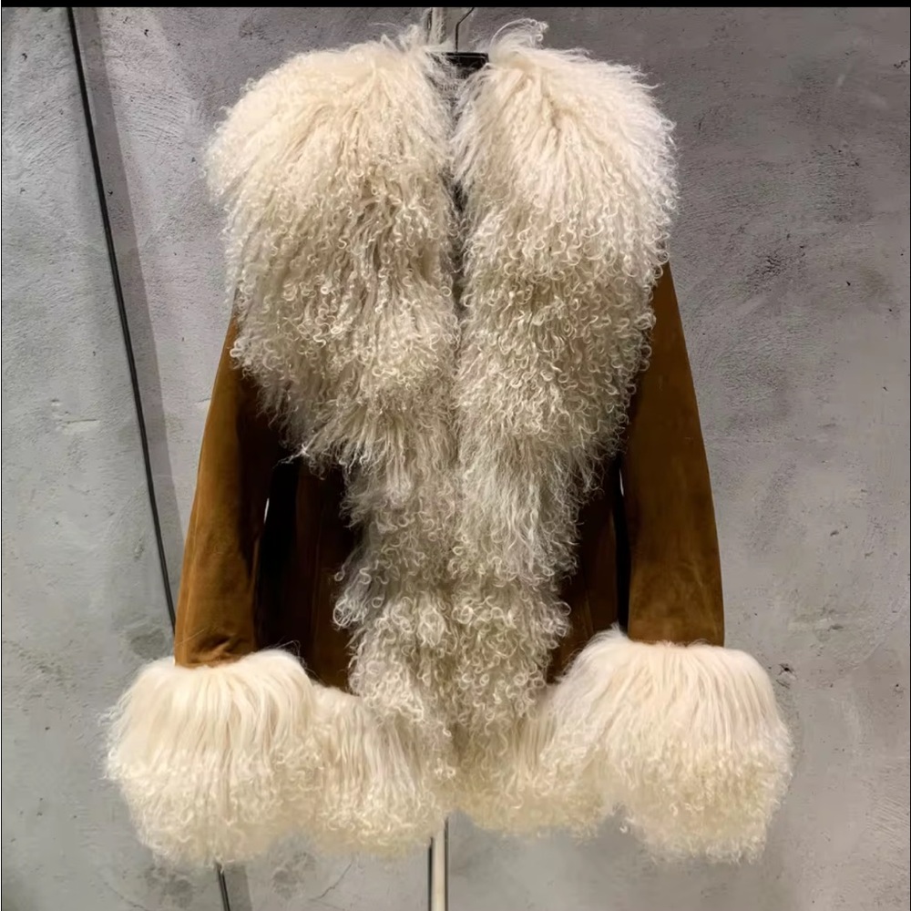 Luxurious Shearling Mongolian sheep fur Coat with Cream suede
